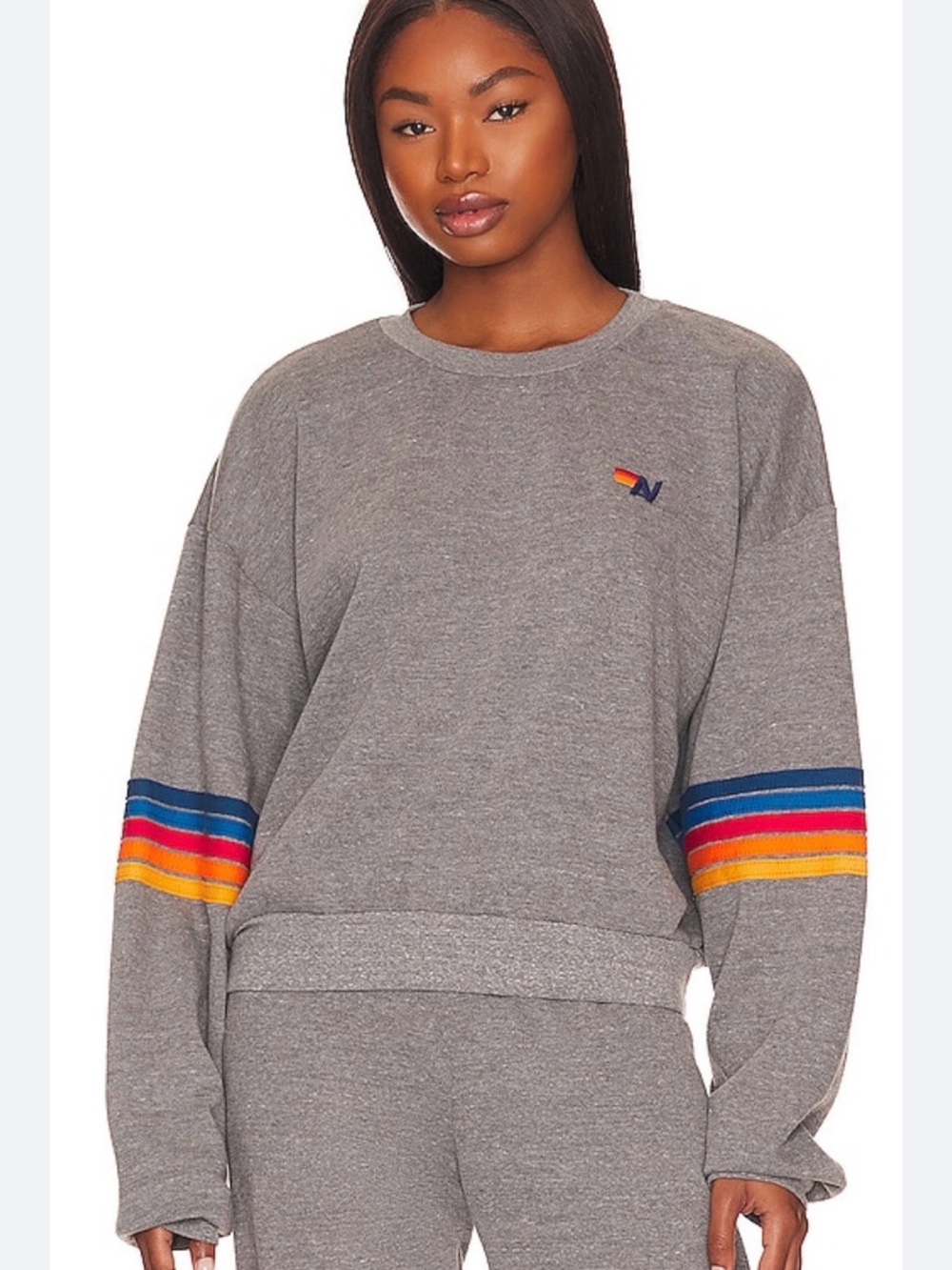 Aviator Nation Rainbow Stitch Sleeve Sweatshirt in heather grey, Sz M (P2P 29”)